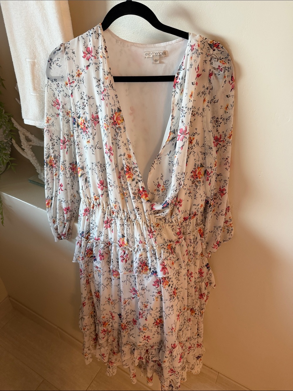 New York & Company White Floral V-Neck Ruffle Tiered Dress
